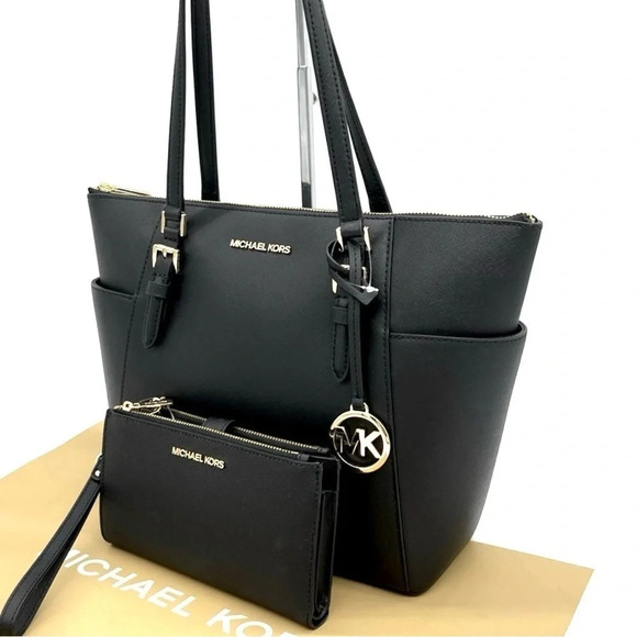 Michael Kors Large Charlotte Tote Bag & Double Zip Wallet Black/Gold (NWT) - Picture 2 of 11